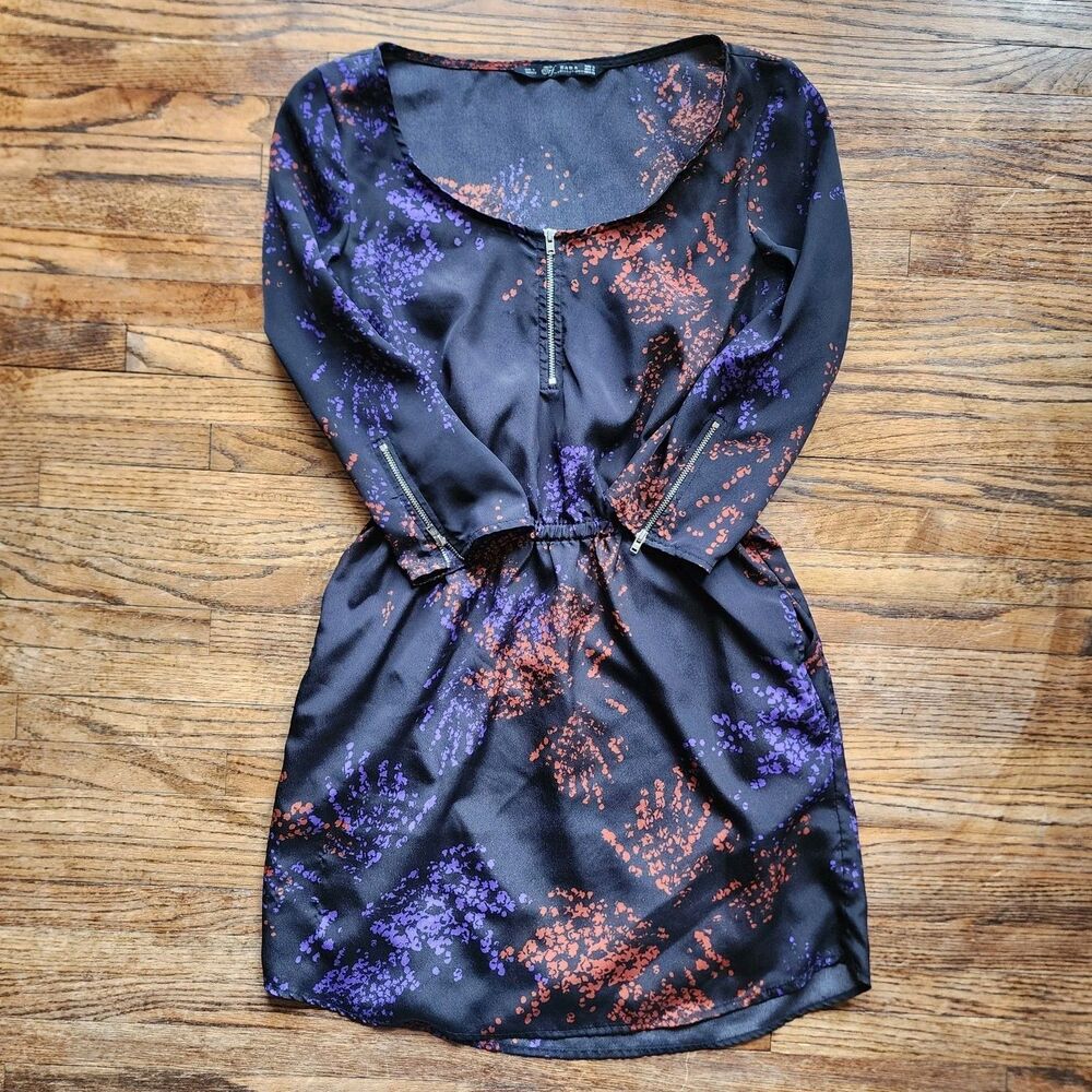 Zara Black Abstract Blotch Print Dress S Artsy Dark Boho Whimsygoth Mini
